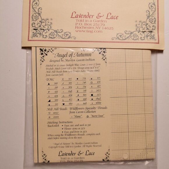 1990s Lavender & Lace Cross Stitch Pattern 'Angel of Autumn' - Fall Season Decor - Picture 4 of 5